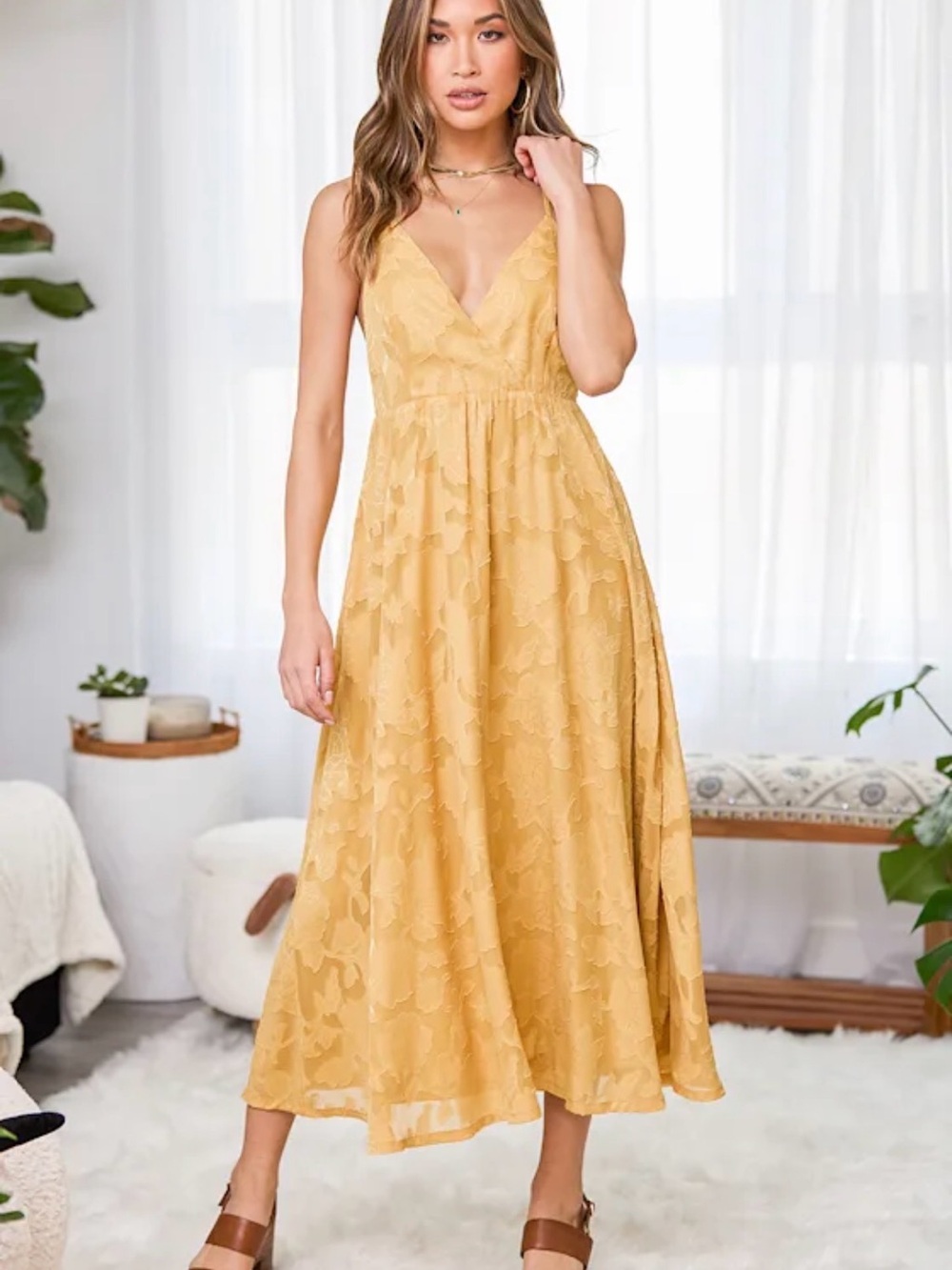 Lulus Philosophy of Beauty Mustard Yellow Burnout Floral Midi Dress
